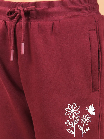 Wine Floral Print Joggers-Girls Joggers-Crimsoune Club