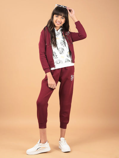 Wine Floral Print Joggers-Girls Joggers-Crimsoune Club