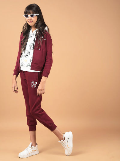 Wine Floral Print Joggers-Girls Joggers-Crimsoune Club