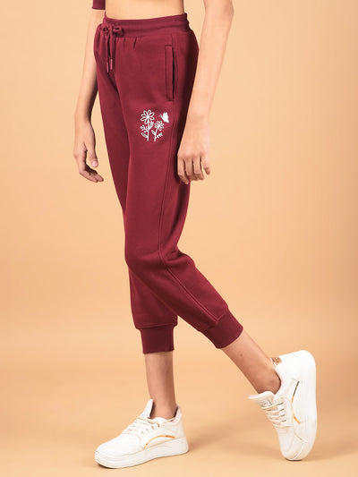 Wine Floral Print Joggers-Girls Joggers-Crimsoune Club