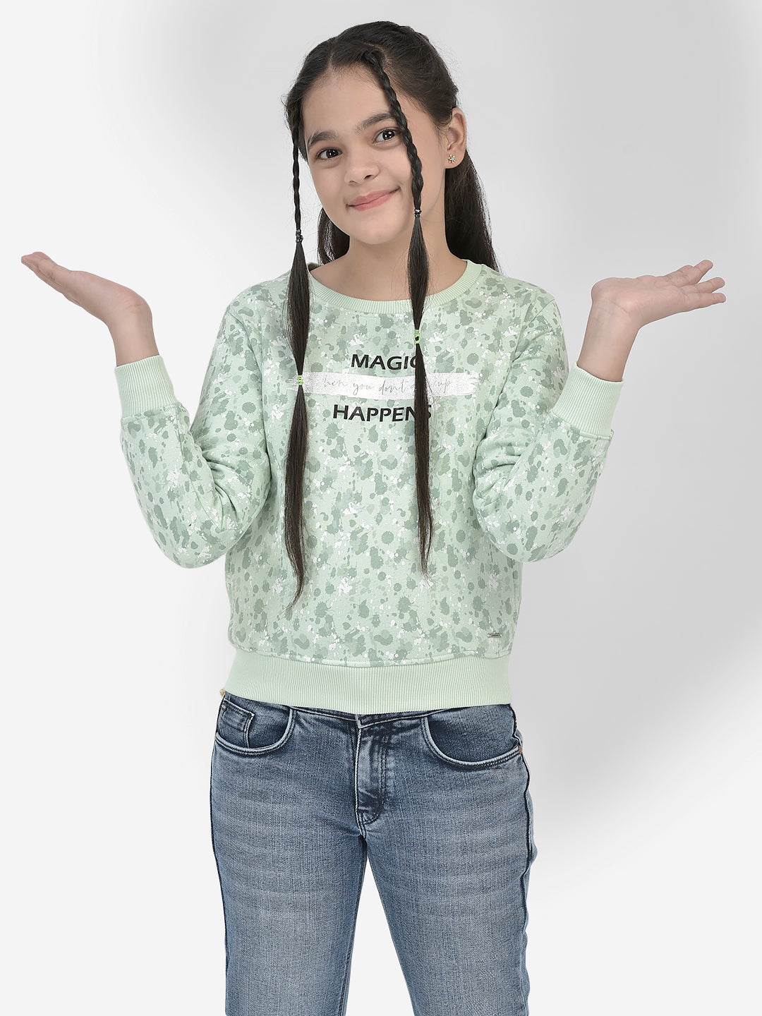 Mint-Green Printed SweatShirts-Girls SweatShirtss-Crimsoune Club