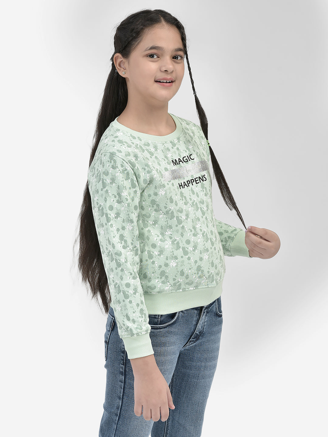 Mint-Green Printed SweatShirts-Girls SweatShirtss-Crimsoune Club
