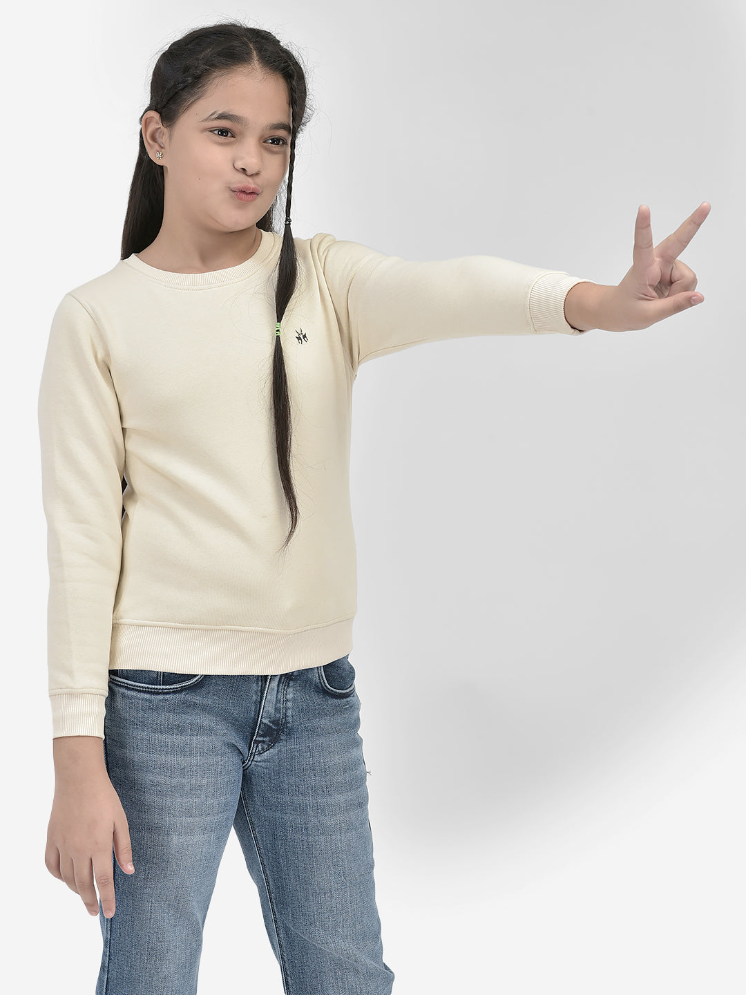 Beige Solid SweatShirts-Girls SweatShirtss-Crimsoune Club