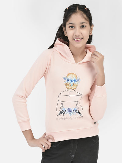 Peach Printed Sweatshirt With Hood-Girls Sweatshirts-Crimsoune Club