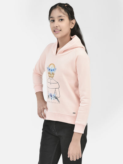 Peach Printed Sweatshirt With Hood-Girls Sweatshirts-Crimsoune Club