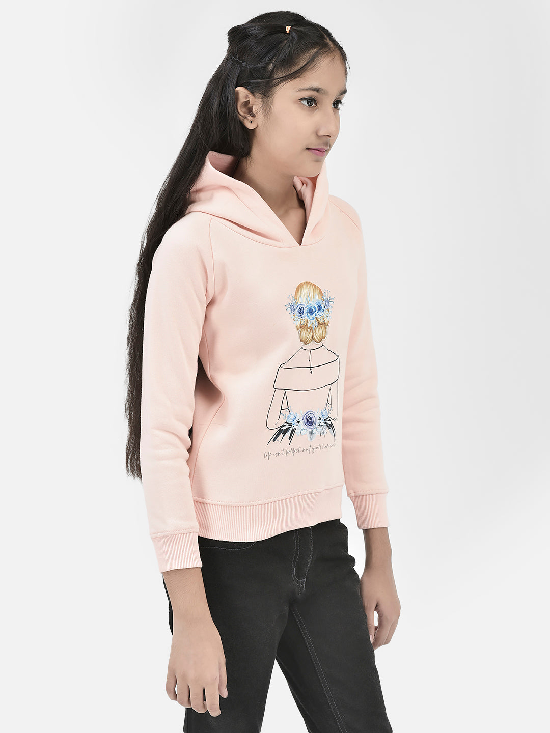 Peach Printed Sweatshirt With Hood-Girls Sweatshirts-Crimsoune Club