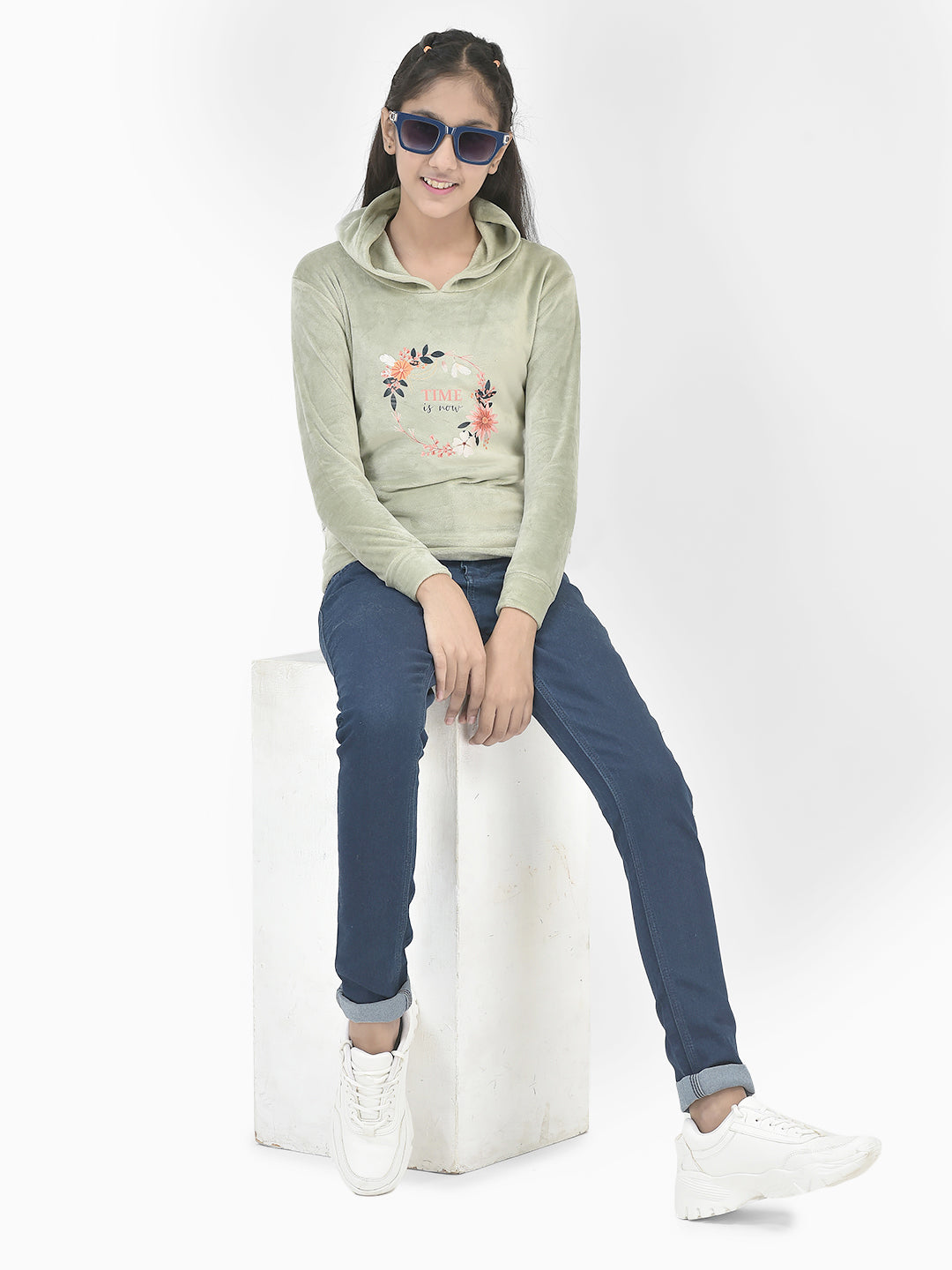 Olive Printed Hooded Sweatshirt-Girls Sweatshirts-Crimsoune Club