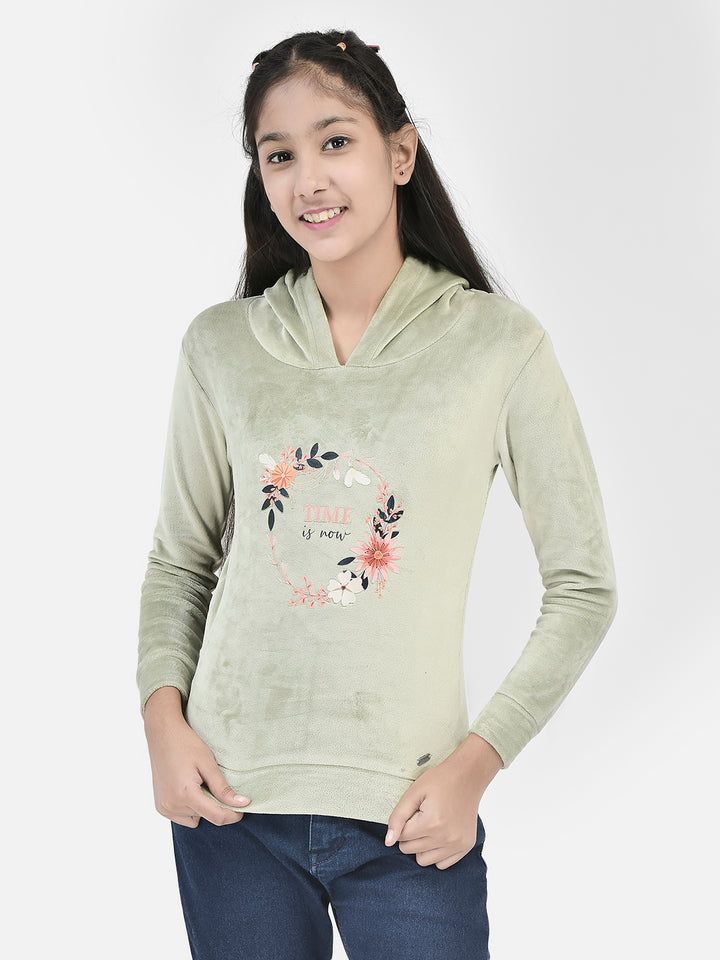 Olive Printed Hooded Sweatshirt-Girls Sweatshirts-Crimsoune Club