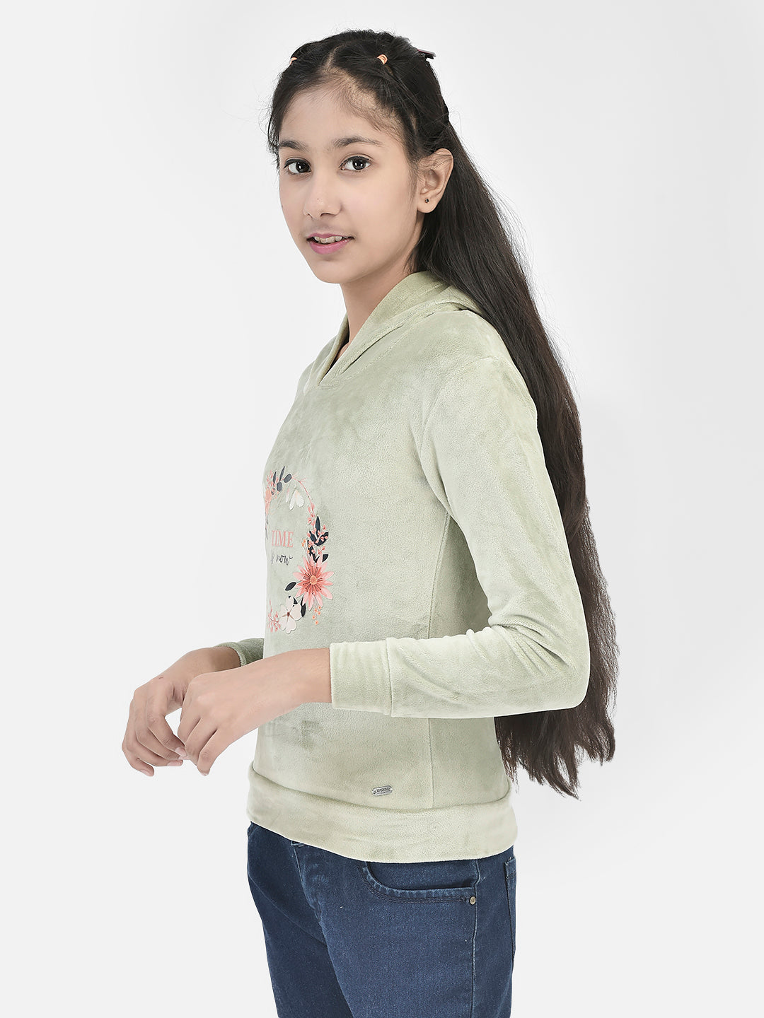 Olive Printed Hooded Sweatshirt-Girls Sweatshirts-Crimsoune Club
