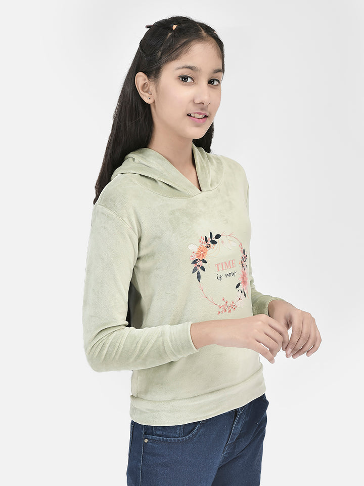 Olive Printed Hooded Sweatshirt-Girls Sweatshirts-Crimsoune Club