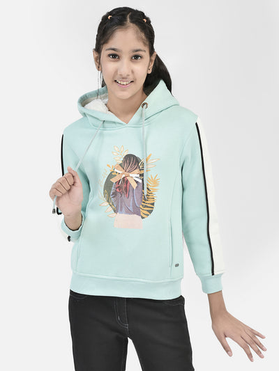 Mint-Green Printed Hooded Sweatshirt-Girls Sweatshirts-Crimsoune Club