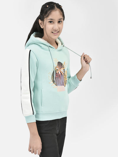 Mint-Green Printed Hooded Sweatshirt-Girls Sweatshirts-Crimsoune Club