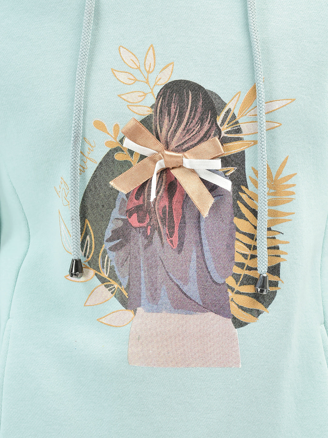 Mint-Green Printed Hooded Sweatshirt-Girls Sweatshirts-Crimsoune Club