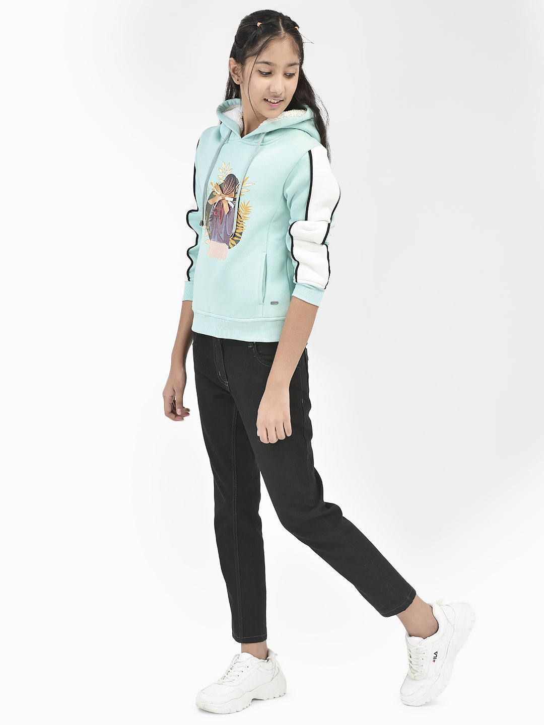 Mint-Green Printed Hooded Sweatshirt-Girls Sweatshirts-Crimsoune Club