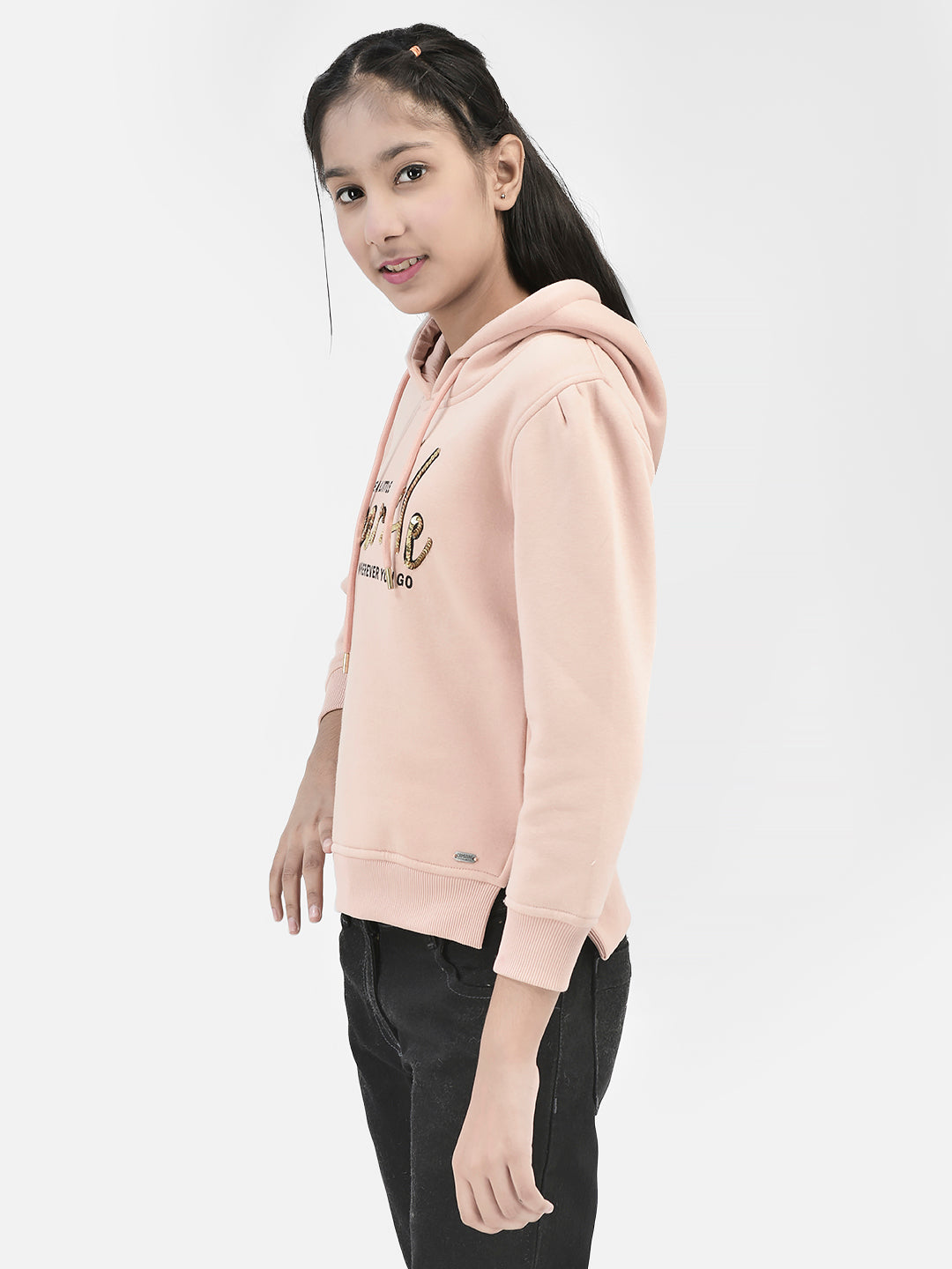 Peach Printed Hooded Sweatshirt-Girls Sweatshirts-Crimsoune Club