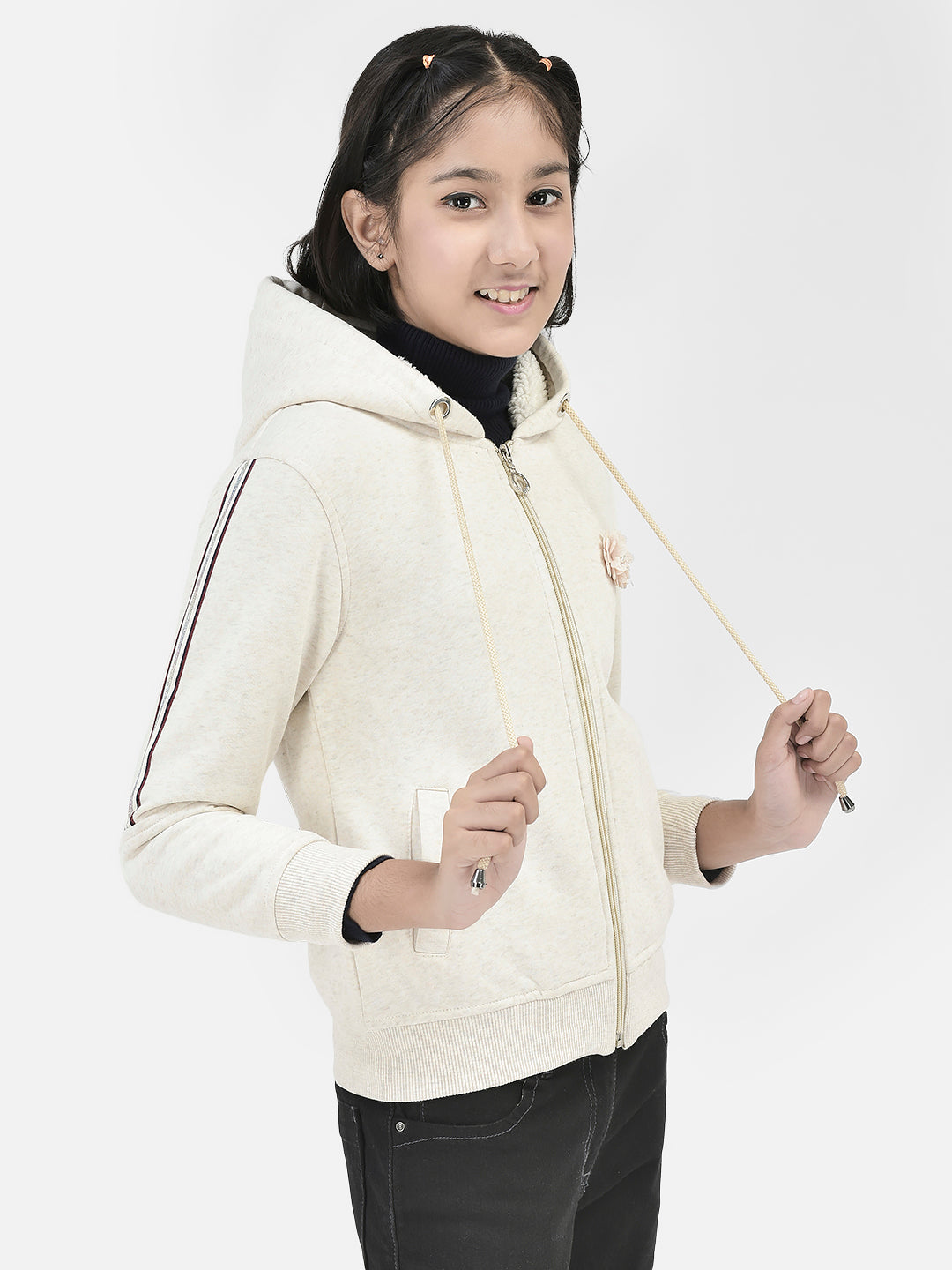 Off White Hooded Front Open Sweatshirt-Girls Sweatshirts-Crimsoune Club