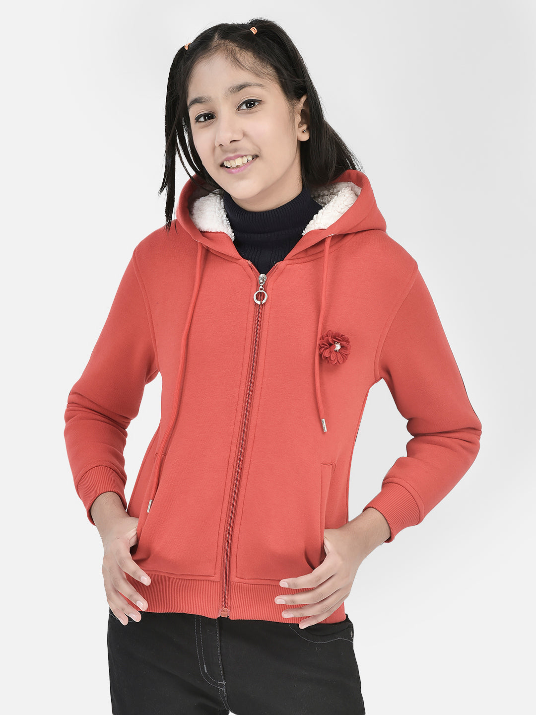 Red Hooded Front Open Sweatshirt-Girls Sweatshirts-Crimsoune Club