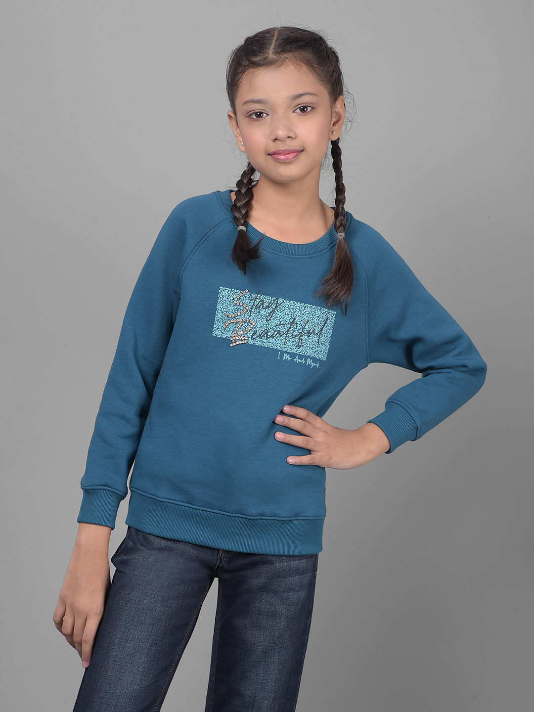 Blue Printed Sweatshirt-Girls Sweatshirts-Crimsoune Club