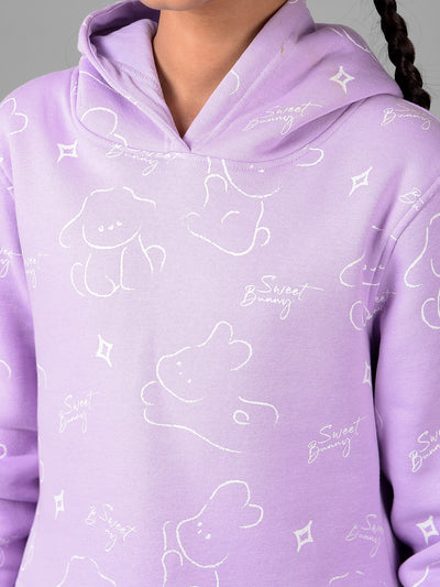 Purple Printed Crop Length Hooded Sweatshirt-Girls Sweatshirts-Crimsoune Club