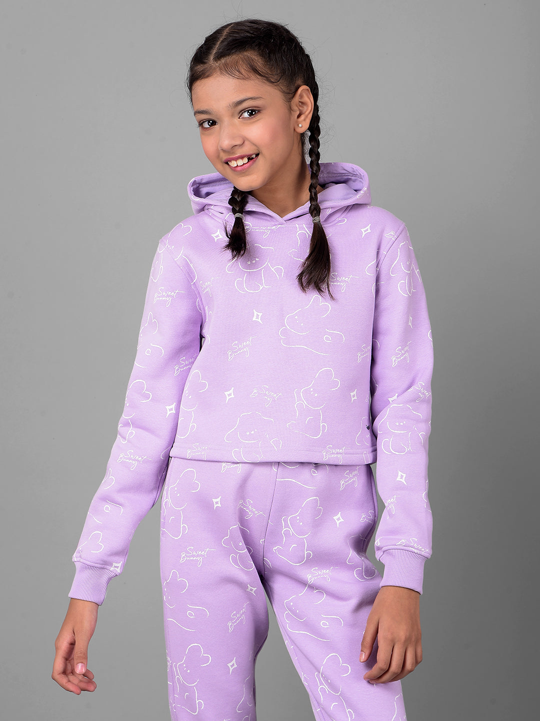 Purple Printed Crop Length Hooded Sweatshirt-Girls Sweatshirts-Crimsoune Club