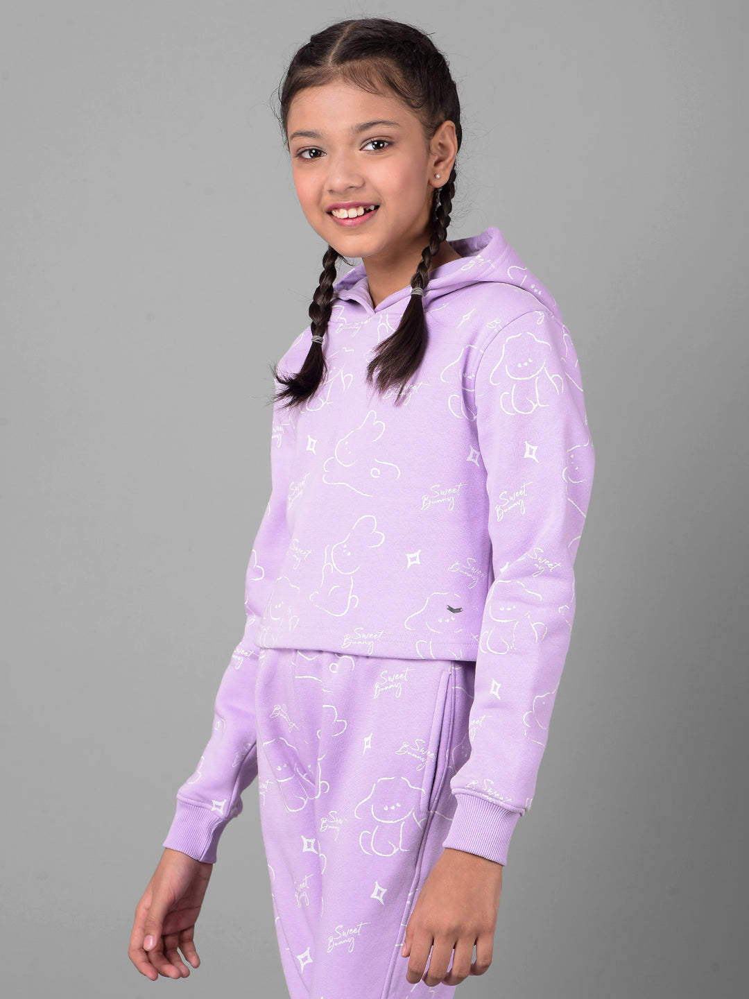 Purple Printed Crop Length Hooded Sweatshirt-Girls Sweatshirts-Crimsoune Club