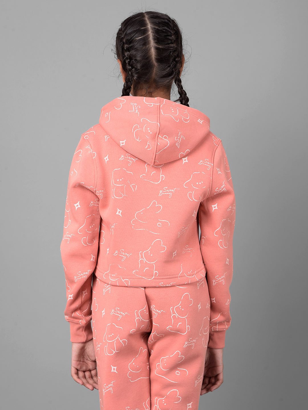 Peach Printed Crop Length Hooded Sweatshirt-Girls Sweatshirts-Crimsoune Club