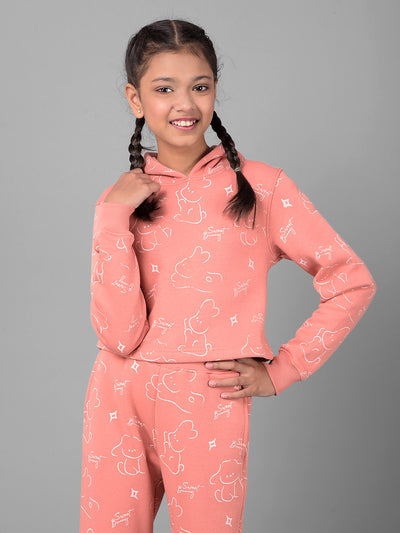 Peach Printed Crop Length Hooded Sweatshirt-Girls Sweatshirts-Crimsoune Club