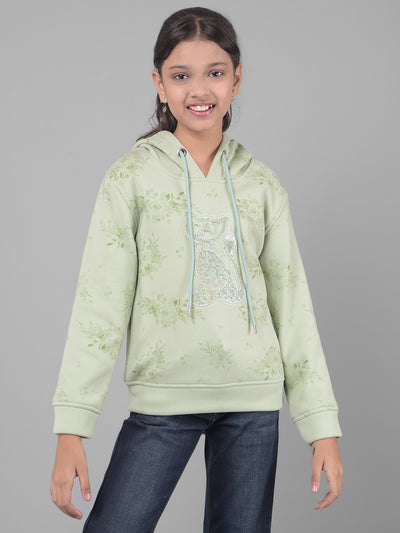 Green Printed Hooded Sweatshirt-Girls Sweatshirts-Crimsoune Club