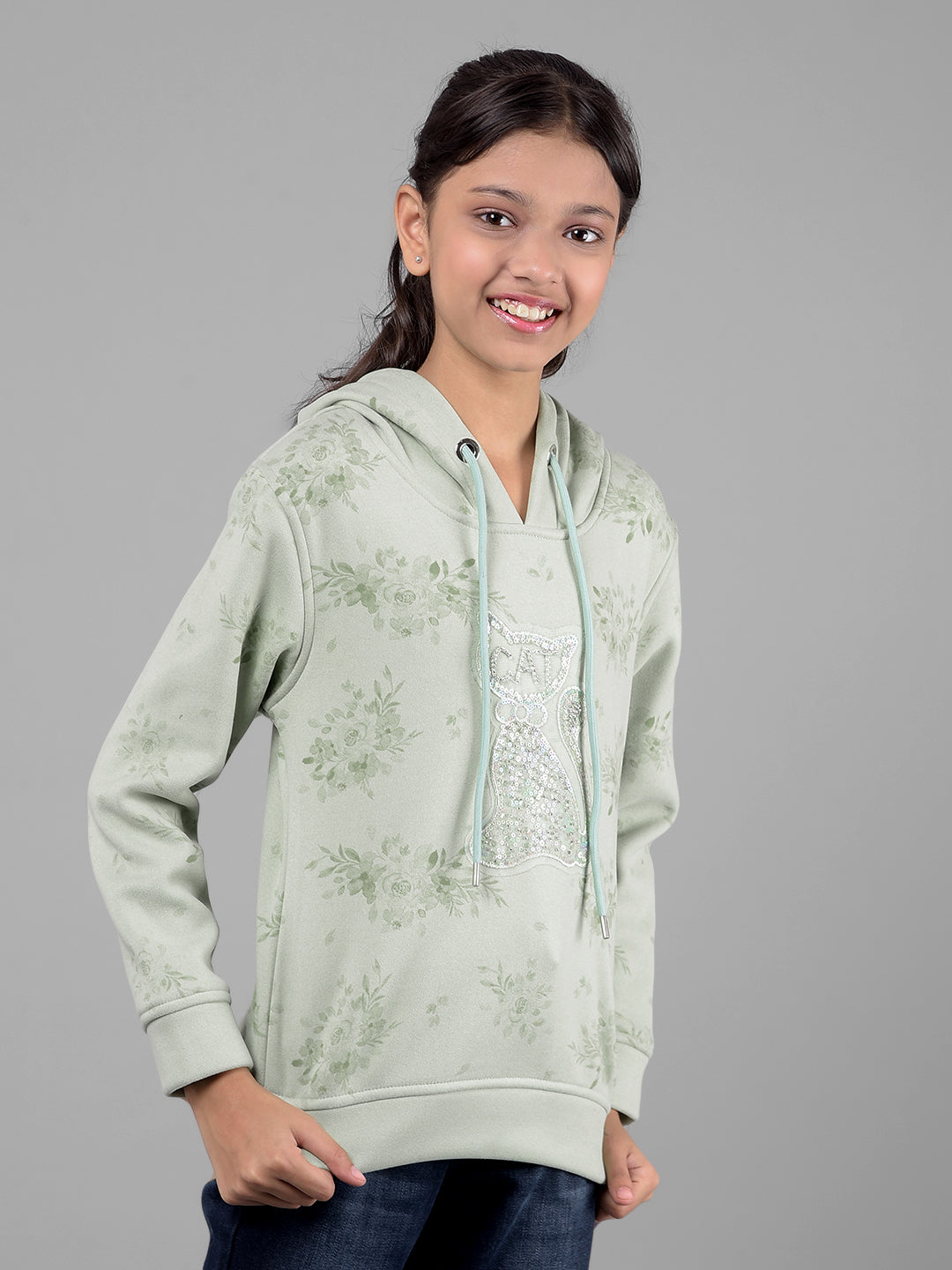 Green Printed Hooded Sweatshirt-Girls Sweatshirts-Crimsoune Club