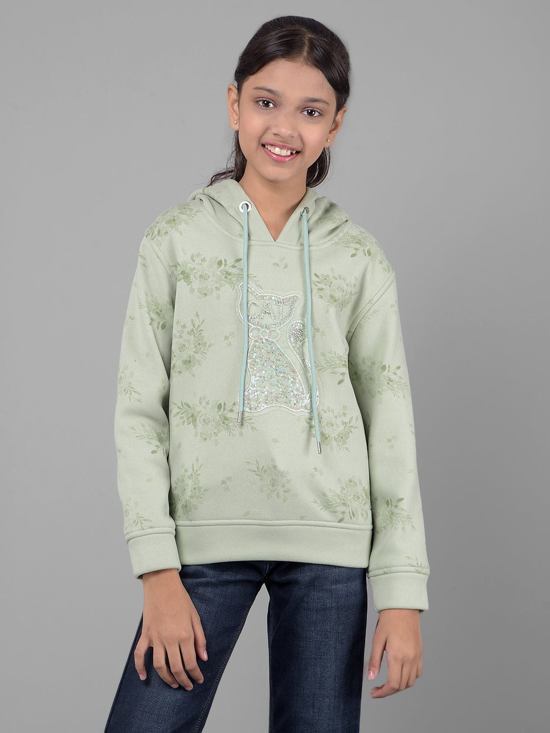 Green Printed Hooded Sweatshirt-Girls Sweatshirts-Crimsoune Club