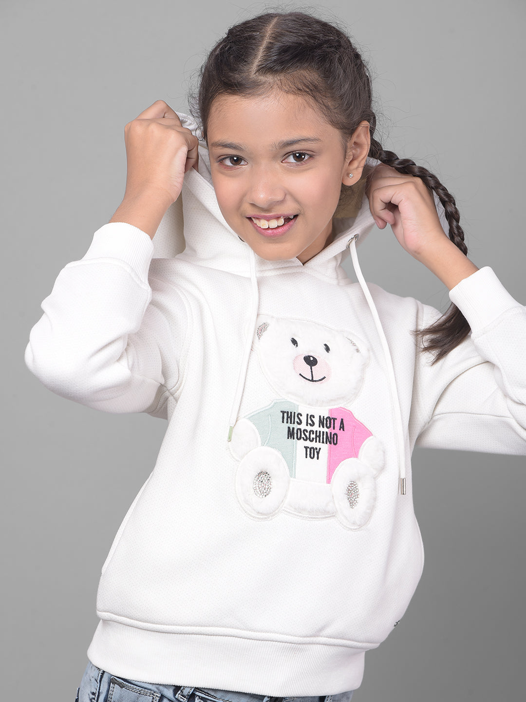 White Printed Hooded Sweatshirt-Girls Sweatshirts-Crimsoune Club