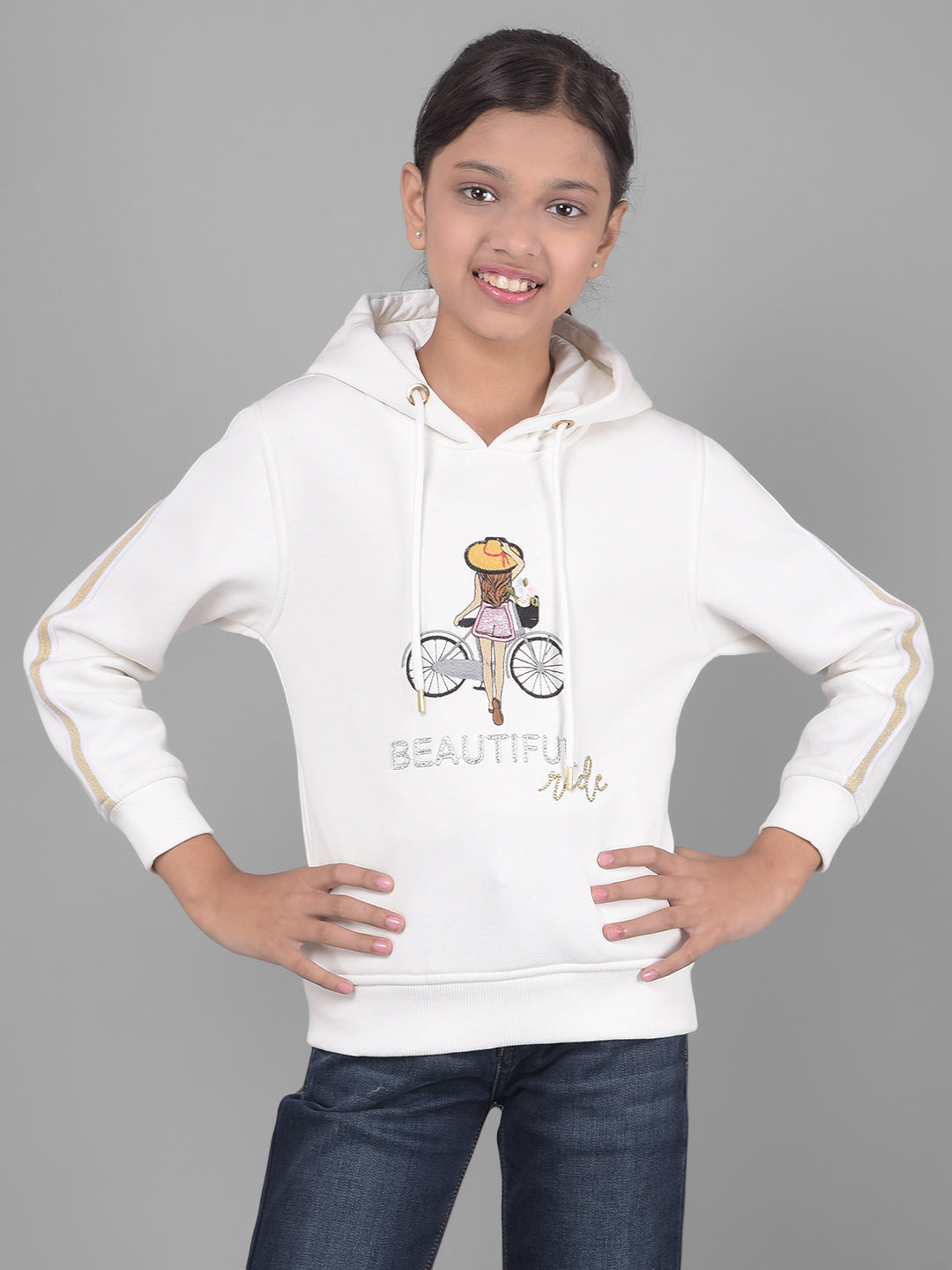 White Printed Hooded Sweatshirt-Girls Sweatshirts-Crimsoune Club