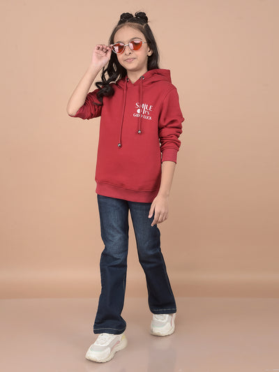 Red Typographic Print Hooded Neck Sweatshirt-Girls Sweatshirts-Crimsoune Club