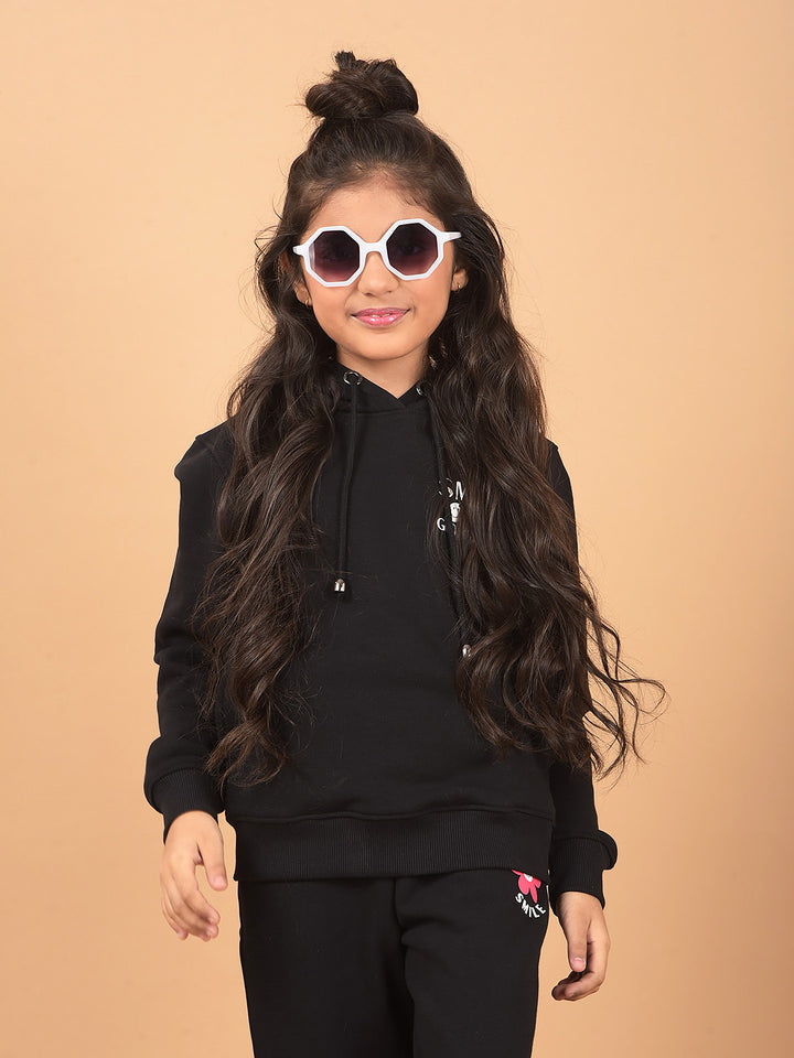 Black Typographic Print Hooded Neck Sweatshirt-Girls Sweatshirts-Crimsoune Club
