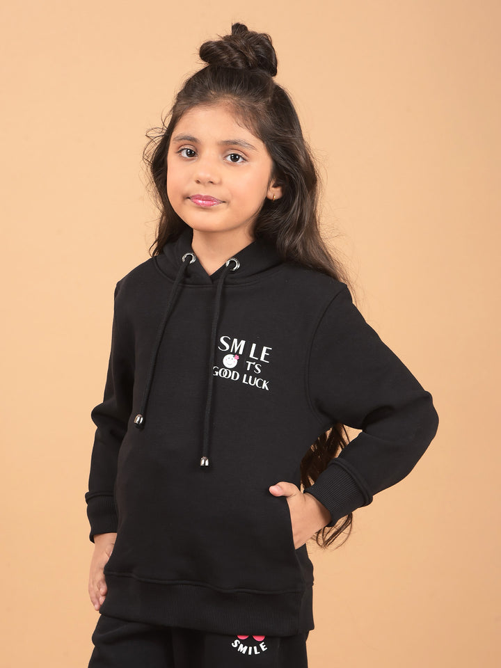 Black Typographic Print Hooded Neck Sweatshirt-Girls Sweatshirts-Crimsoune Club