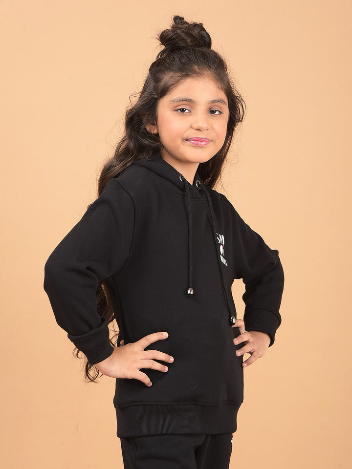 Black Typographic Print Hooded Neck Sweatshirt-Girls Sweatshirts-Crimsoune Club