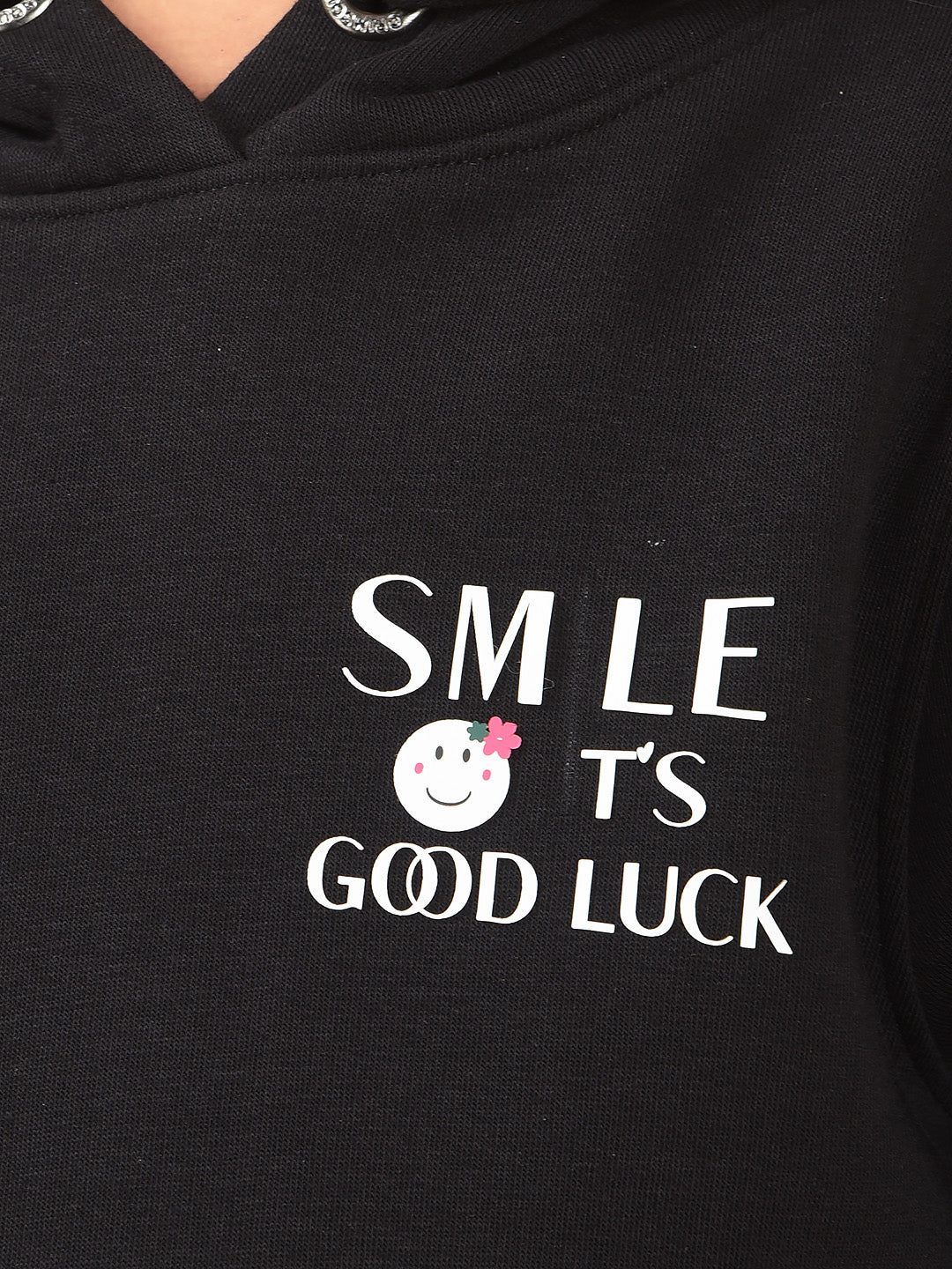Black Typographic Print Hooded Neck Sweatshirt-Girls Sweatshirts-Crimsoune Club