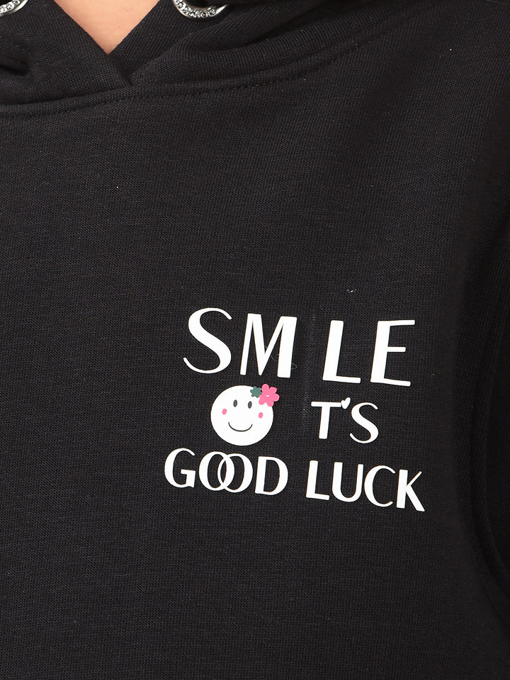 Black Typographic Print Hooded Neck Sweatshirt-Girls Sweatshirts-Crimsoune Club