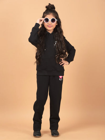 Black Typographic Print Hooded Neck Sweatshirt-Girls Sweatshirts-Crimsoune Club