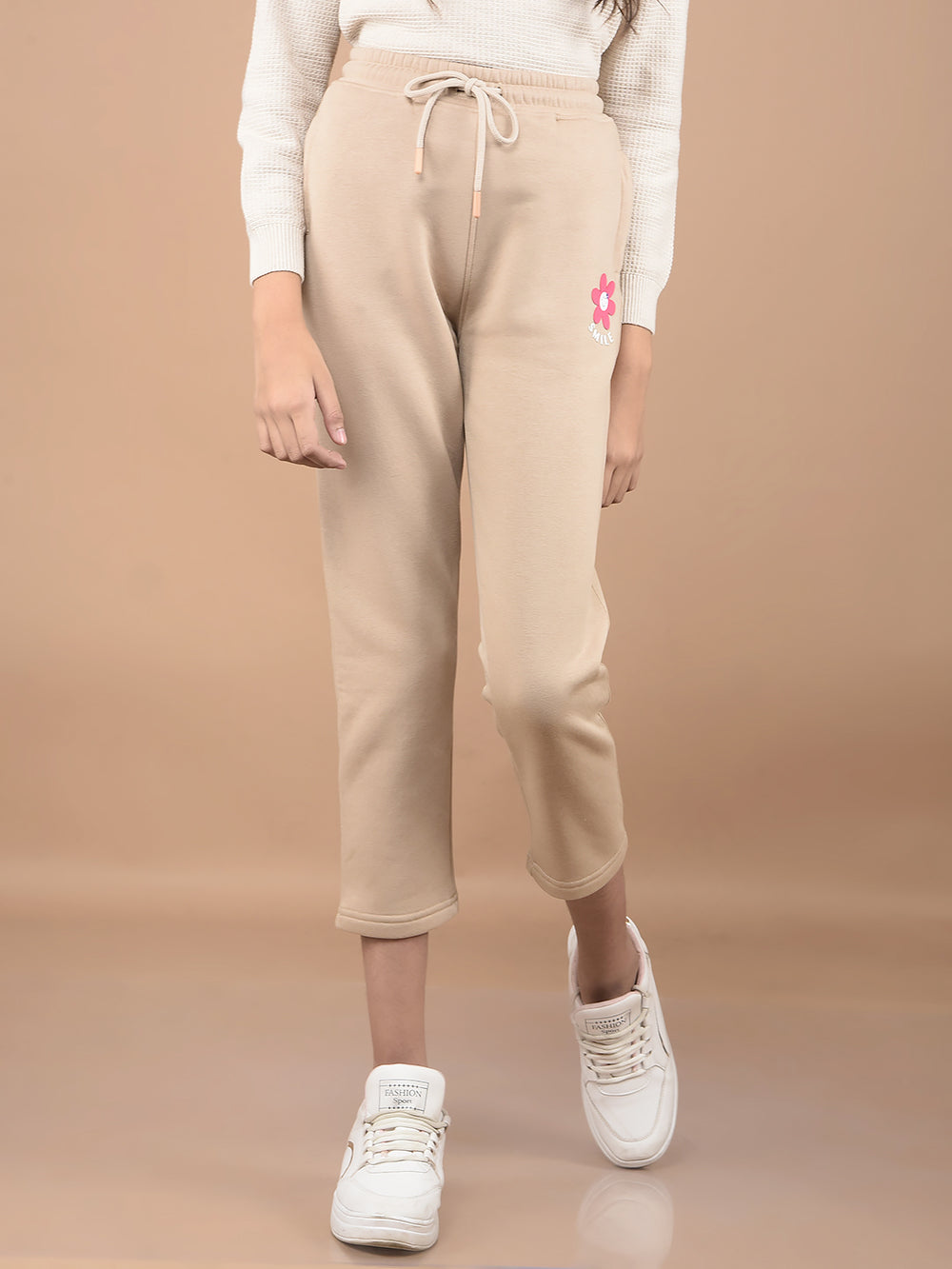 Beige Crop Length Trackpants-Girls Trackpants-Crimsoune Club