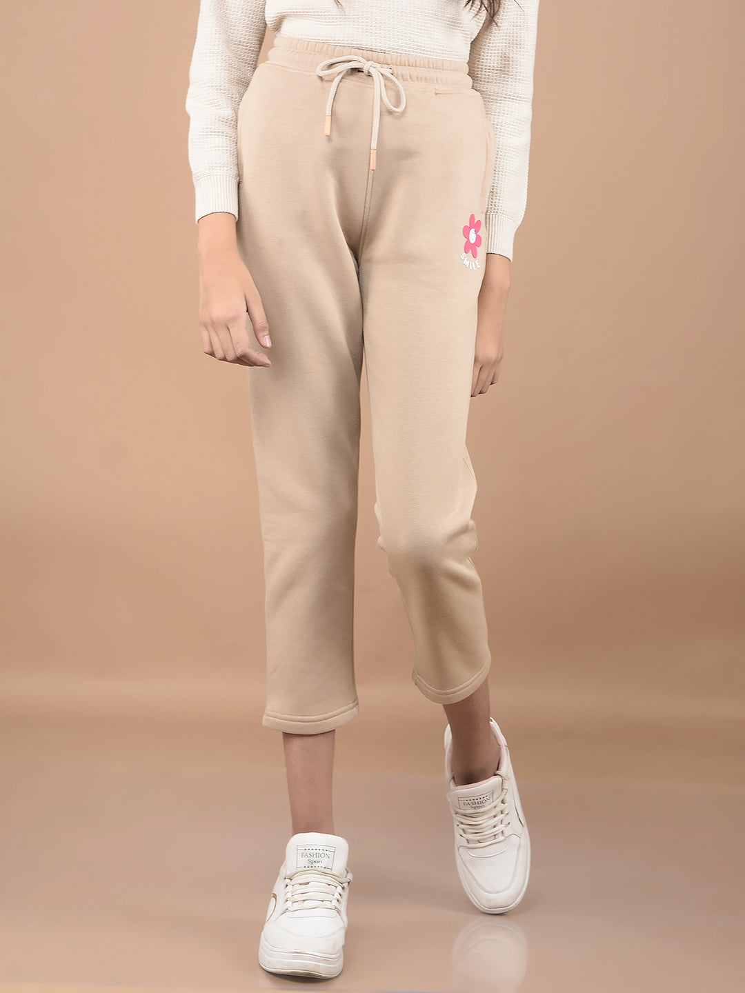 Beige Crop Length Trackpants-Girls Trackpants-Crimsoune Club