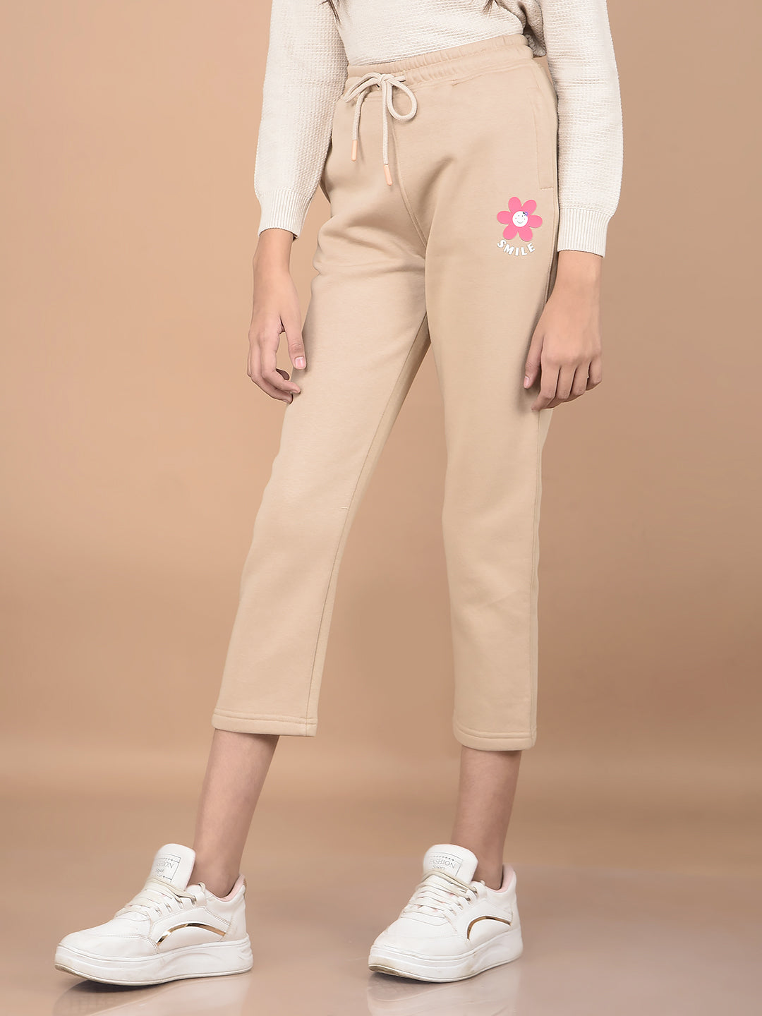 Beige Crop Length Trackpants-Girls Trackpants-Crimsoune Club