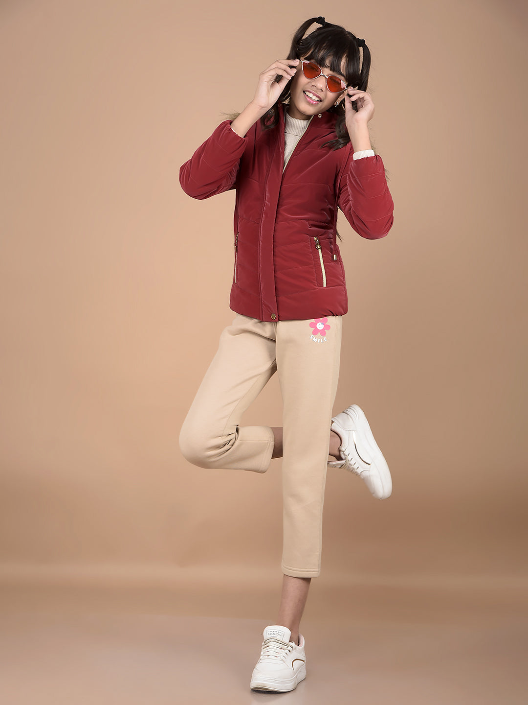 Beige Crop Length Trackpants-Girls Trackpants-Crimsoune Club
