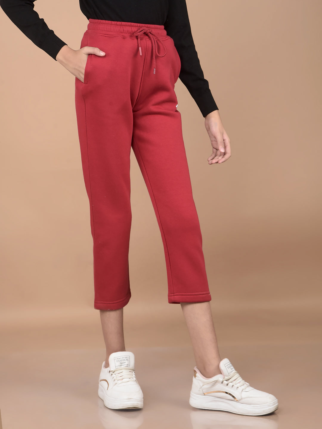 Red Crop Length Trackpants-Girls Trackpants-Crimsoune Club