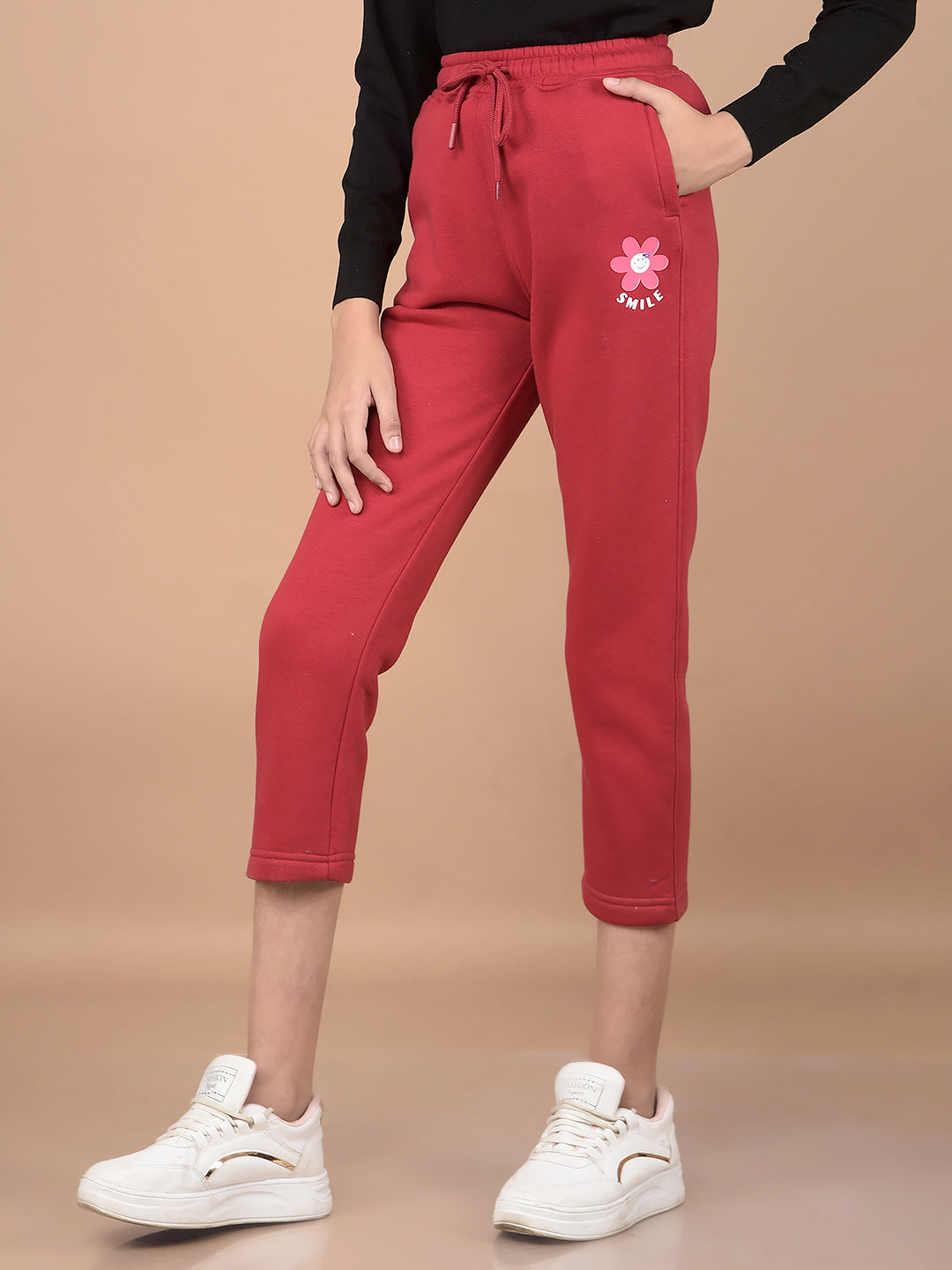 Red Crop Length Trackpants-Girls Trackpants-Crimsoune Club
