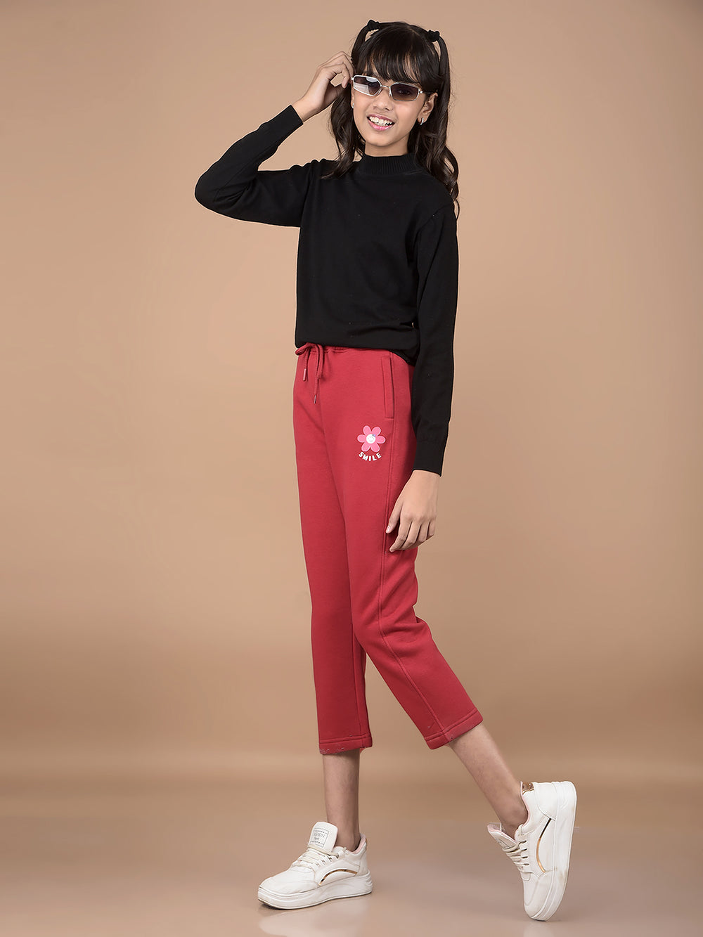 Red Crop Length Trackpants-Girls Trackpants-Crimsoune Club