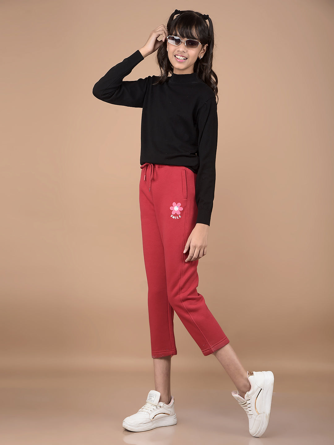 Red Crop Length Trackpants-Girls Trackpants-Crimsoune Club