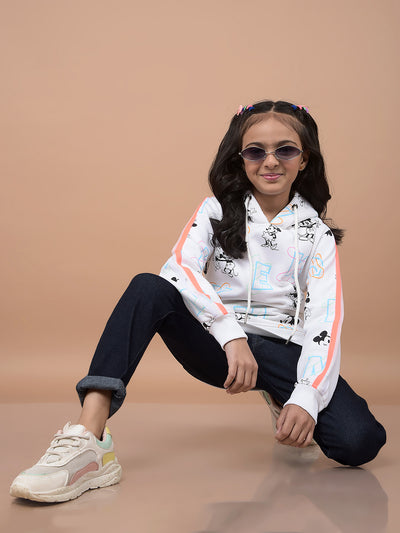 White Graphic Print Hooded Neck Sweatshirt-Girls Sweatshirts-Crimsoune Club