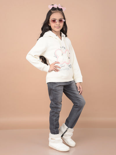 Cream Embroidered Hooded Neck Sweatshirt-Girls Sweatshirts-Crimsoune Club