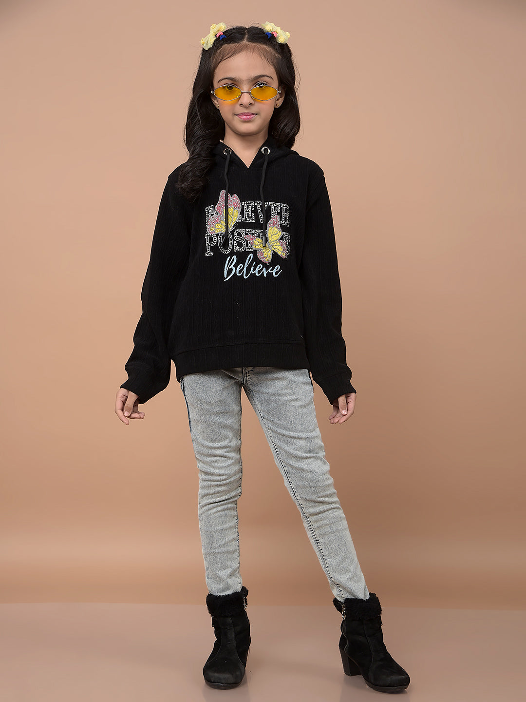 Black Embellished Hooded Neck Sweatshirt-Girls Sweatshirts-Crimsoune Club